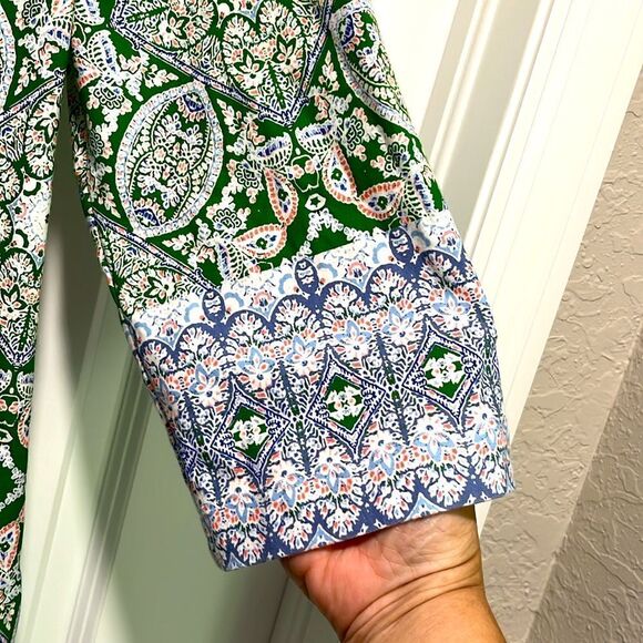 Isaac Mizrahi Live Open Cardigan Soft Green Medallion Pattern With Lavender Trim - Picture 3 of 10